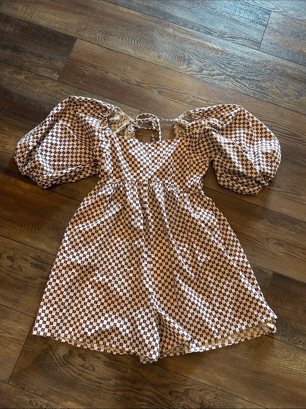 Abercrombie & Fitch Cream and Brown Check Puff-Sleeve Dress